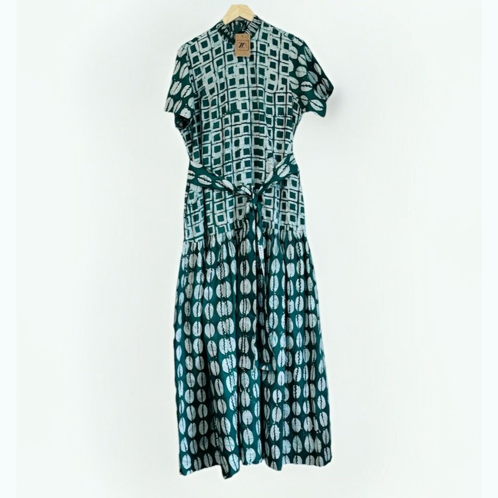 Zanaani Toyin Geometric Print Maxi Dress Sz Large Teal Green Mock Neck Pockets - Picture 3 of 14